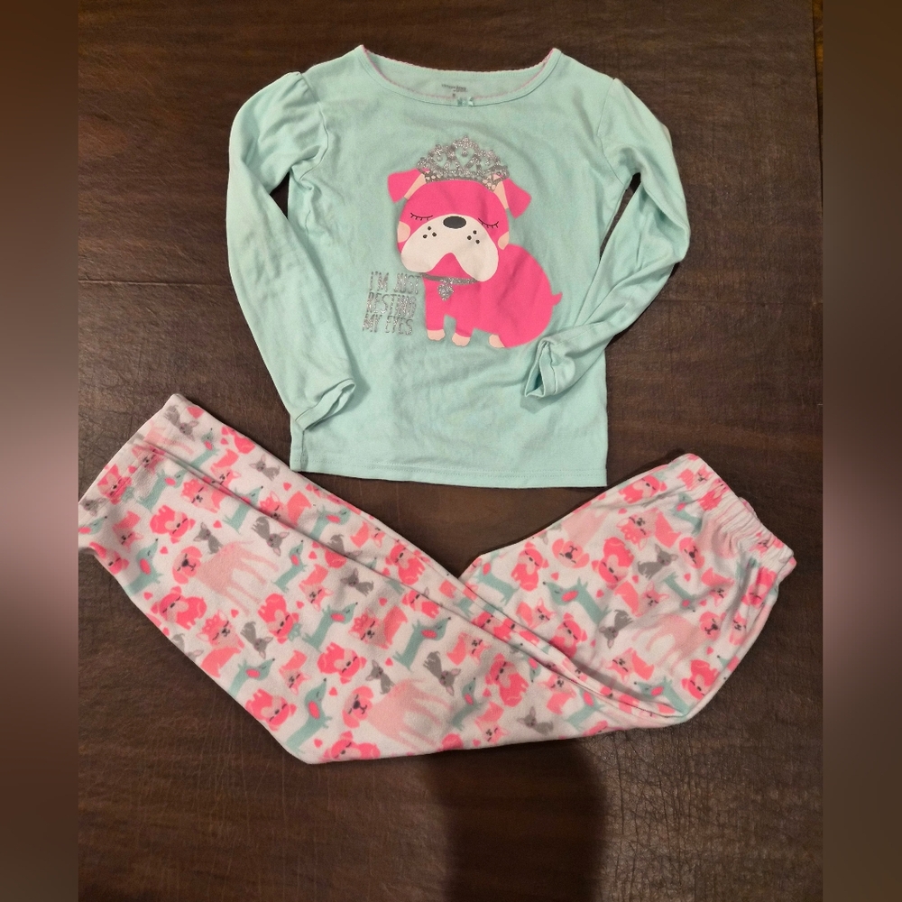 Simple Joys By Carters Kids Pajama Set with Pink and Teal Puppy Design Sz 8